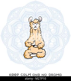 Cute furry méditer lama. Vector cartoon illustration sur un fond blanc avec des lettres de motivation. Restez calme et pas de drame. Illustration de Vecteur