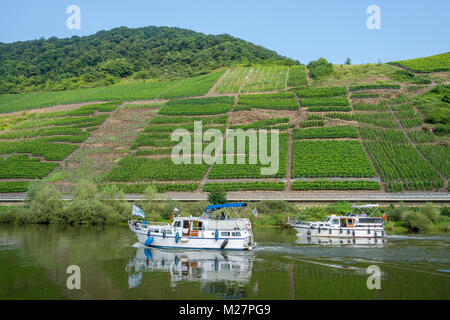 Deux bateaux à cabine sur Moselle au village viticole de Bruttig-Fankel, Rhénanie-Palatinat, Allemagne, Europe Banque D'Images