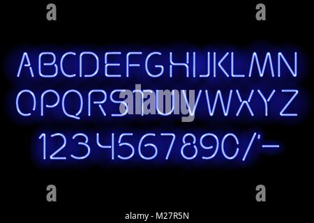 Néon bleu illustration vectorielle de l'alphabet. ABC rougeoyant. Lettres fluorescentes avec Faits saillants pour les fonds sombres Illustration de Vecteur