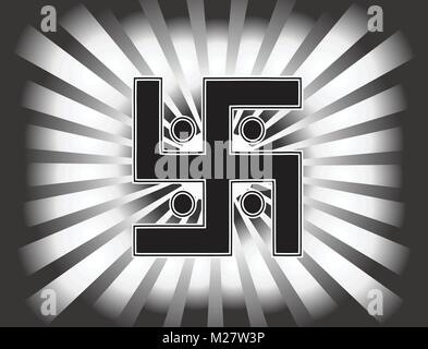 Le symbole le plus important dans la religion du jaïnisme - le soleil svastika. Fond dégradé noir et blanc, rayons de soleil, bouton, vector Illustration de Vecteur