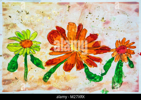 Childs aquarelle dessin de fleurs et de l'écaillage d'or Banque D'Images