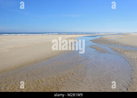 Plage à marée basse, structure en forme de vague, dans le sable humide, Mer du Nord, Norderney, îles de la Frise orientale, Basse-Saxe, Allemagne Banque D'Images