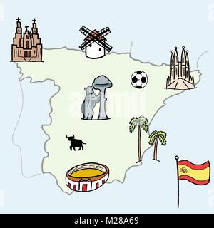 Espagne - Carte de repère doodle mignon avec illustration vectorielle, Madrid, Barcelone, Santiago de Compostelle, Séville et le football. Illustration de Vecteur