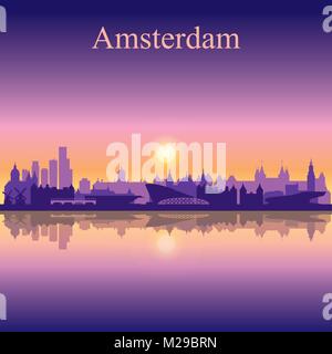 Amsterdam city silhouette sur fond coucher vector illustration Illustration de Vecteur