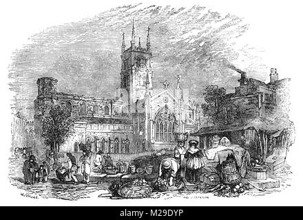 Les étals du marché à l'extérieur de la cathédrale et de la Collégiale de St Sauveur et St Mary Overie qui se trouve sur la rive sud de la Tamise près de London Bridge, Londres. Initialement appelé St Mary Overies (maintenant appelé la cathédrale de Southwark) entre 1106 et 1538, il a été l'église d'un prieuré augustinien, Southwark, Prieuré dédié à la Vierge Marie. Le bâtiment actuel conserve la forme de base de la structure gothique construit entre 1220 et 1420 après que l'église a été gravement endommagé dans le grand incendie de 1212. Banque D'Images