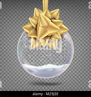 Boule de Noël en verre vecteur. Sphère réaliste. Arbre de Noël brillant jouet avec Snowflake et Archet d'or. Isolé sur fond transparent Illustration Illustration de Vecteur