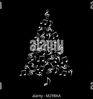 Arbre de Noël d'argent brillant des notes de musique sur fond noir Banque D'Images
