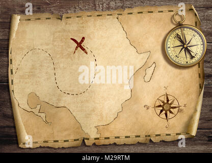 Vieux trésor pirates' carte avec boussole sur la table en bois. 3d illustration. Banque D'Images