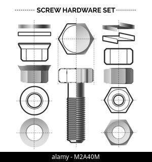 Ensemble vis et écrou. Matériaux métalliques boulons et écrous en acier construction construction dessins vector illustration Illustration de Vecteur