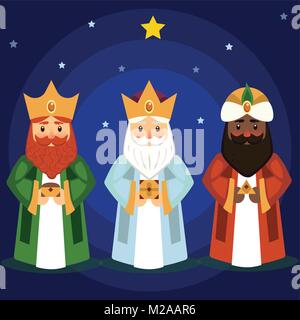 Vector illustration des Trois Sages Gaspard, Melchior et Balthazar apporter des cadeaux à Jésus à Noël. Illustration de Vecteur