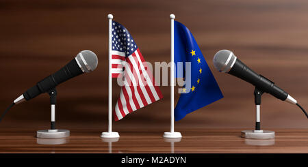 Relation entre l'Union européenne et l'Amérique. Microphones câbles sur se dresse sur un fond de bois, d'un bandeau. 3d illustration Banque D'Images
