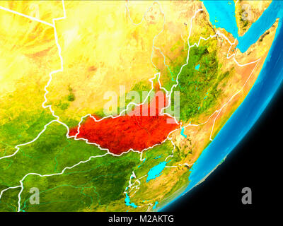 La carte du Soudan du Sud en rouge vu de l'espace sur la planète Terre avec bordures blanches. 3D illustration. Éléments de cette image fournie par la NASA. Banque D'Images