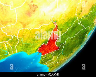 Carte du Cameroun en rouge vu de l'espace sur la planète Terre avec bordures blanches. 3D illustration. Éléments de cette image fournie par la NASA. Banque D'Images