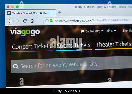 Londres, UK - 8 janvier 2018 : La page d'accueil du site web officiel de Viagogo - le marché de billets en ligne pour la revente de billets, le 8 janvier 2018 Banque D'Images