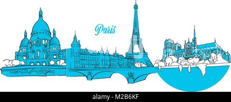 Billet Paris Landmarks Banner, contours dessinés à la main, croquis de carte de souhaits imprime et marketing Illustration de Vecteur