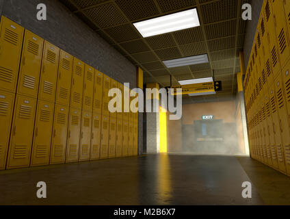 Un regard vers le bas un couloir de l'école propres casiers jaune - 3D render Banque D'Images