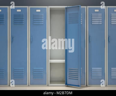Une rangée de casiers d'école métal bleu avec une porte ouverte révélant qu'il est vide - 3D render Banque D'Images
