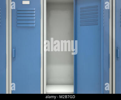 Une rangée de casiers d'école métal bleu avec une porte ouverte révélant qu'il est vide - 3D render Banque D'Images