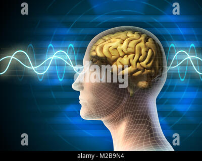 Tête humaine et du cerveau. Différents types de signaux produits par l'activité du cerveau est indiqué sur l'arrière-plan. Illustration numérique. Banque D'Images