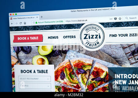 Londres, Royaume-Uni - 10 janvier 2018 : La page d'accueil du site web officiel de Zizzi - la chaîne de restaurants servant une cuisine italienne au Royaume-Uni, le 10 Janua Banque D'Images