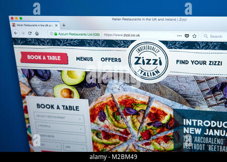 Londres, Royaume-Uni - 10 janvier 2018 : La page d'accueil du site web officiel de Zizzi - la chaîne de restaurants servant une cuisine italienne au Royaume-Uni, le 10 Janua Banque D'Images