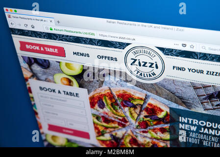 Londres, Royaume-Uni - 10 janvier 2018 : La page d'accueil du site web officiel de Zizzi - la chaîne de restaurants servant une cuisine italienne au Royaume-Uni, le 10 Janua Banque D'Images