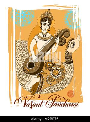 Vasant Panchami Déesse Saraswati célébration avec design Illustration de Vecteur