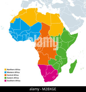 Carte politique des régions de l'Afrique. Organisation des Nations Unies pour geoscheme avec un seul pays. Le Nord, l'Ouest, Afrique centrale, orientale et australe. Banque D'Images