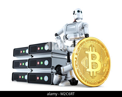 Robot avec l'exploitation minière et agricole bitcoin gold coin. 3D illustration. Isolées. Contient chemin de détourage. Banque D'Images