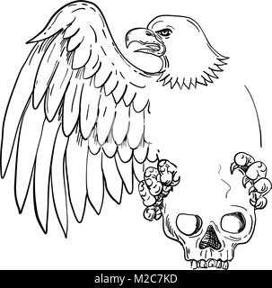 Croquis dessin illustration de style un pygargue à tête blanche avec des ailes spead serrant un crâne avec fusil d'assaut armalite croisés et sur feuille de laurier Illustration de Vecteur