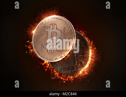Coin Bitcoin flamboyant. 3D illustration. Banque D'Images