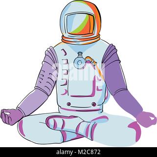 Illustration de l'art Doodle un astronaute, cosmonaute ou spaceman asana assis les jambes croisées en lotus Padmasana ou méditation yoga position fait dans Illustration de Vecteur