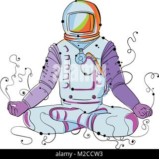 Illustration de l'art Doodle un astronaute, cosmonaute ou spaceman asana assis les jambes croisées en lotus Padmasana ou méditation yoga position fait dans Illustration de Vecteur