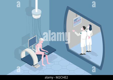 Female patient in a futuristic hôpital. Deux médecins d'examiner les résultats des tests et d'analyse. concept médical. Illustration de Vecteur