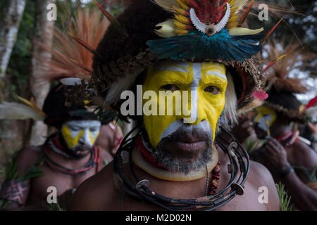 Un Huli Wigman peint et habillé pour la Mount Hagen Spectacle culturel en Papouasie Nouvelle Guinée Banque D'Images