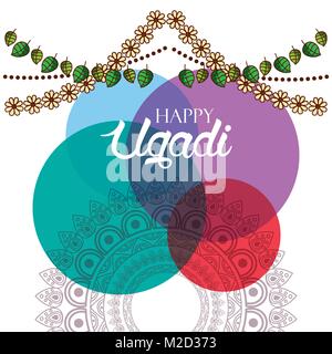 Heureux ugadi aquarelle carte floral garland cercles Illustration de Vecteur