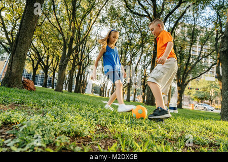 Frère et soeur de race blanche kicking soccer ball in park Banque D'Images