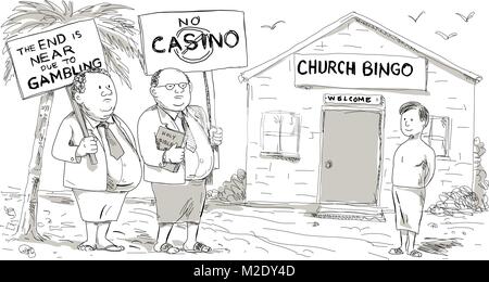 Cartoon style illustration de deux gros prédicateur samoane, ministre laïc ou église goer portant veste et lavalava protester avec placard contre gamblin Illustration de Vecteur