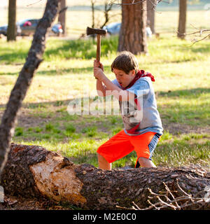 Woman chopping log avec ax Banque D'Images