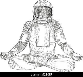 Art Mandala illustration d'un astronaute, cosmonaute ou spaceman asana assis les jambes croisées en lotus Padmasana ou méditation yoga position . Illustration de Vecteur