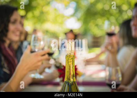 Bouteille de vin en liège près de personnes boire du vin Banque D'Images