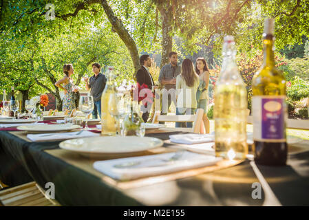 Des bouteilles de vin sur table au party outdoors Banque D'Images