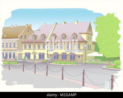 Maisons du xixe siècle sur la place centrale d'une petite ville agréable en Europe. Vecteur de couleur . Illustration de Vecteur