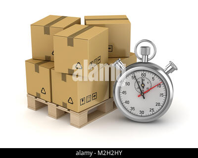 Carton sur palette et chronomètre , c'est un rendu 3d'image de synthèse. Isolé sur blanc. Banque D'Images