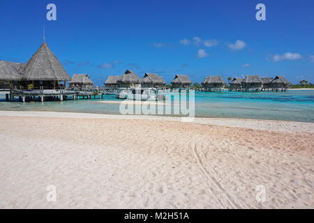 Tropical resort, plage de sable avec des bungalows au toit de chaume au-dessus de l'eau dans le lagon, l'atoll de Tikehau, Tuamotu, Polynésie Française, océan Pacifique, Océanie Banque D'Images