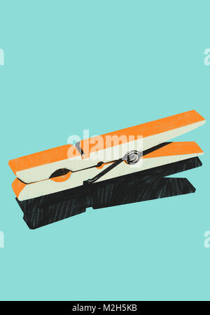 Objet Clothespin illustration sur fond bleu. Ressources graphiques orange montre objet quotidien , clothespin, sur fond bleu. Minimaliste. Banque D'Images