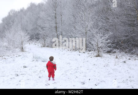 Deux ans Felix Cox, regarde le paysage de neige en forêt Hargate à Tunbridge Wells, Kent après chute de neige la nuit. Banque D'Images