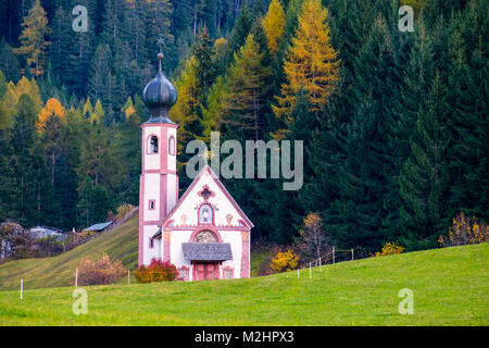 Belle forêt d'automne avec l'église baroque de St Johann In Val Di Funes, Dolomites, Italie Banque D'Images