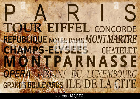 Avec texte sur Paris Tour Eiffel vintage sepia background Banque D'Images