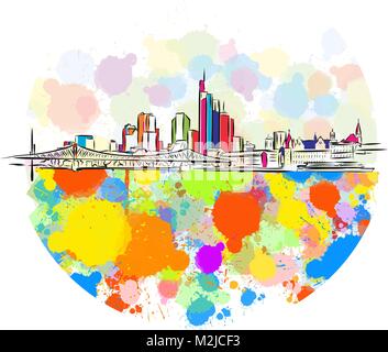 Toits de Francfort colorés de croquis. Hand Drawn Vector Illustration, peinture couleur Splatter isolé sur fond blanc. Les voyages d'affaires et tourisme Conc Illustration de Vecteur